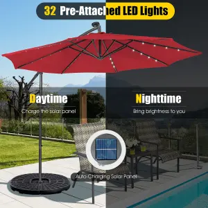 Costway 3 x 3m Cantilever Parasol Backyard Patio Offset Umbrella w/ 32 Solar-Powered LED Lights