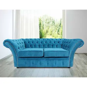 Chesterfield 2 Seater Danza Teal Blue Fabric Sofa Settee In Balmoral Style