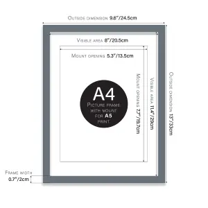 A4 Grey Picture Frame With Mount for A5 (14.8 x 21cm - 5.8 x 8.3in) Poster, Photo, Artwork, or Print.