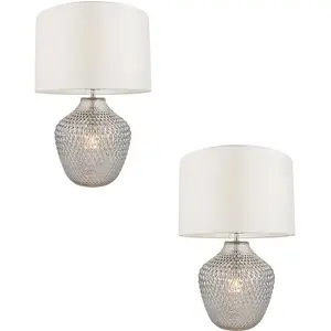 2 PACK Grey Tinted Faceted Glass Twin Table Lamp & Vintage White Fabric Shade