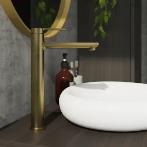 GoodHome Akita Tall Satin Brass effect Round Basin Mixer Tap