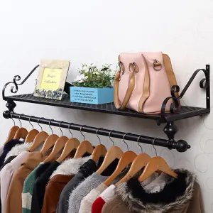 Black Metal Clothes Rail Wall Mounted Garment Hanging Rack with Display Storage Shelf W 700 mm