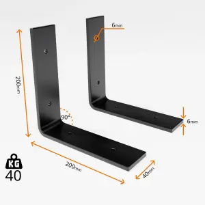 6 Shelf Brackets Pcs Heavy Duty Industrial Steel for Wall Mounted DIY Floating(Black, 200x200mm)