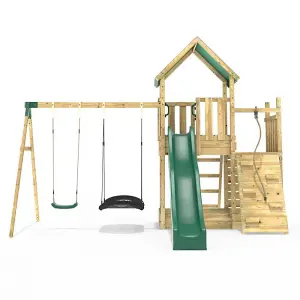 Rebo Modular Wooden Climbing Frame Adventure Playset - M3 plus Ramp & Double Swing