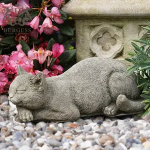 Napping Cat Stone Statue Outdoor Garden Ornament Kitten Decoration British Pet