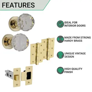 EAI Glass Door Knob Latch Kit - 76mm hinges - 78mm latch - Polished Brass