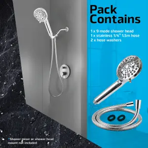 SPARES2GO Shower Head Hose and Filter Set Multi Function 9 Power Modes Massage Mist Chrome