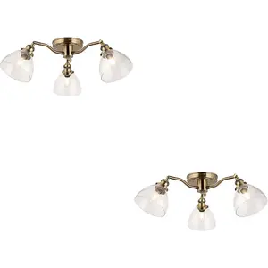 2 PACK Antique Brass Semi Flush Low Ceiling Light - Clear Multi Arm Glass - 3 X 7W LED E14