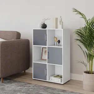 URBNLIVING 91cm Height 6 Cube Bookcase White Wood Grey Door Metal Handle Display Storage Shelf