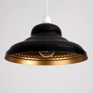 ValueLights Delta Vintage Retro Style Gloss Black and Gold Metal Easy Fit Ceiling Pendant Lamp Shade