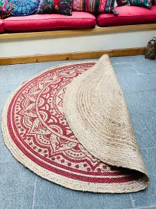 MANDALA Pattern Round Red Rug with Block Print - Jute - L150 x W150