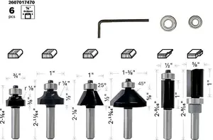 Bosch Professional Router Bit Set 6 pcs Trim&Edging 1/4" shank 6-piece Trim and Edging Router Bit Set with 1/4" shank diameter.