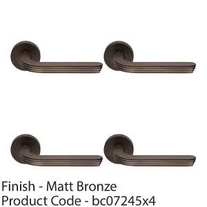 4 PACK - Premium Art Deco Door Handle Set - Matt Bronze Reeded Lever on Round Rose