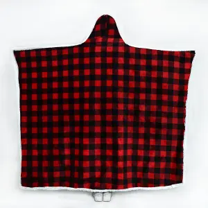 EHC Check Design Super Soft Warm Sherpa Fleece Wearable Hooded Blanket Throw -130 x 180 cm , Red & Black