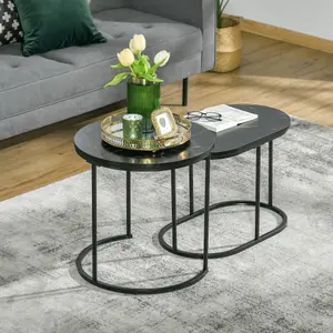 HOMCOM 2 Pcs Modern Coffee Table with Faux Marble Side Accent Tables Black