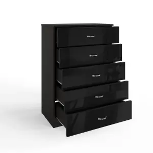 Black Gloss 5 Drawer Chest Of Drawers Bedroom Furniture