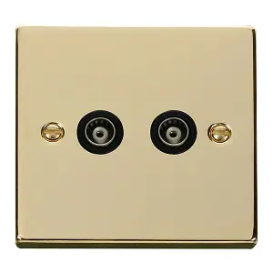 Polished Brass Twin Isolated Coaxial Socket - Black Trim - SE Home