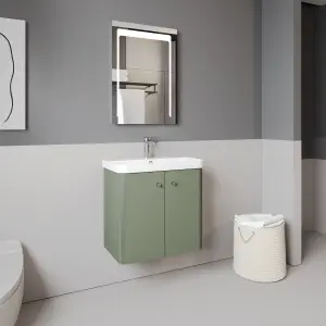 Wall Hung 2 Door Vanity Unit with Ceramic Sink - 600mm - Satin Green