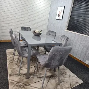 Grey Dining Table and 6 Grey Velvet Chairs Kitchen Dining Set of 6 Glass Table