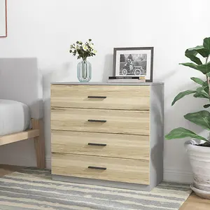 URBNLIVING Height 73cm 4 Drawer Wooden Bedroom Chest Cabinet Modern Grey Carcass and Oak Drawers Wide Storage Cupboard Closet