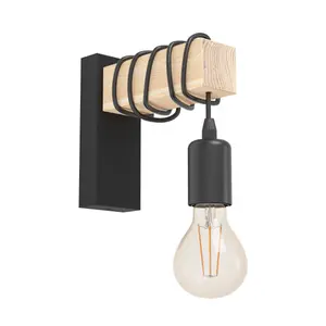 EGLO Townshend Black Metal & Natural Wood Wall Light - Vintage Industrial Style (D) 21.5cm