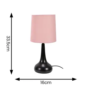 Pair - Black Teardrop Touch Dimmer Table Lamps with Blush Pink Shade for Bedside Table Bedroom Light