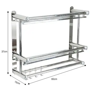 2 Tier Chrome Wall Mounted Stainless Steel Bathroom Shelf Towel Rail with Towel Bar Rod Hooks