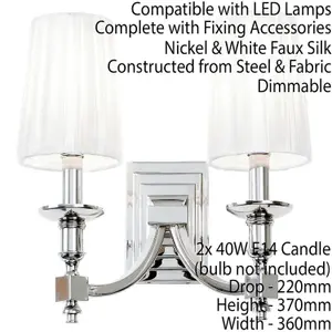 Modern Twin Wall Light Nickel & White Pleated Shade Pretty Bedside Lamp Fitting