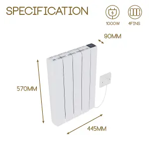 Right Radiators 4FIN 1000W Ceramic Electric Radiator Wall Mounted Portable Heater Smart WIFI Timer