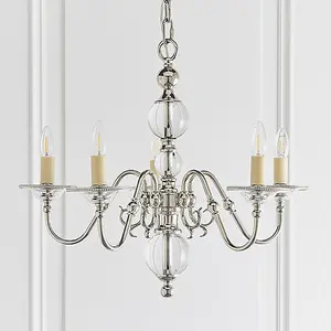 Luminosa Tilburg 5 Light Multi Arm Ceiling Pendant Chandelier Polished Nickel, Clear Crystal, E14