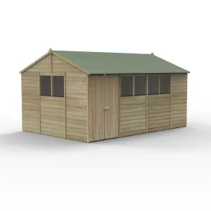 Forest Garden Beckwood Shiplap 10x15 ft Reverse apex Natural timber Wooden Pressure treated 2 door Shed with floor & 6 windows - Assembly service included