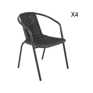 Set of 4 Black Vintage Style Stacking Rattan Patio Garden Chairs Outdoor Armchairs with Metal Frame