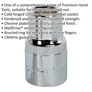 Premium 11mm Forged Steel Drive Socket - 1/2" Square Drive with Polished Chrome Finish