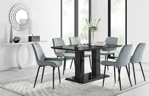 Imperia Black High Gloss 6 Seater Dining Table with Structural 2 Plinth Column Legs 6 Grey Velvet Black Leg Pesaro Chairs