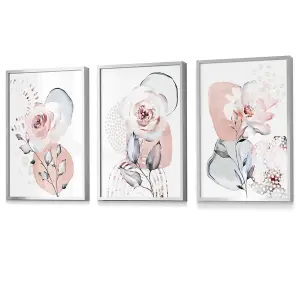 Abstract Blush Pink and Grey Floral Wall Art Prints / 42x59cm (A2) / Silver Frame