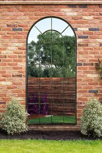 MirrorOutlet Arcus - Antique Black Framed Arched Window Garden Mirror 71"x33.5" 180 x 85CM