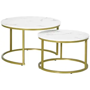 HOMCOM Marble Coffee Table Set of 2, Round Nest of Tables for Living Room