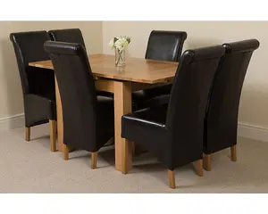 Richmond 90cm - 150cm Square Oak Extending Dining Table and 6 Chairs Dining Set with Montana Black Leather Chairs