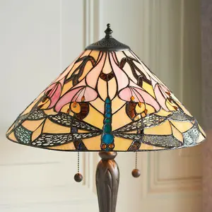 Tiffany Glass Table Lamp Light Dark Bronze & Rich Cream Dragonfly Shade i00169