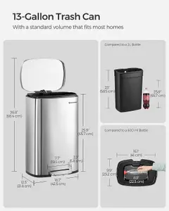 SONGMICS Waste Bin, Kitchen Rubbish Bin, Pedal Bin for Kitchen, Soft Close, Steel, Inner Bucket, Silver