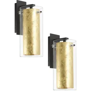 2 PACK Wall Light Colour Black Back Plate Shade Gold Inner Clear Glass E27 40W