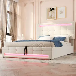 Upholstered bed, Hydraulic Bed, Adults Teenagers Double Bed, with 7colors LED-light strips, Velvet+Iron, 135x190cm,Beige