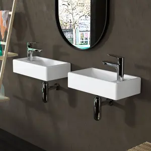 16-Inch Wall Hung Basin Sink Combo, Small Cloakroom Basin, Rectangle Ceramic Bathroom Wash Basin - Right Hand Sink Set (Include Faucet & Pop-up Drain)