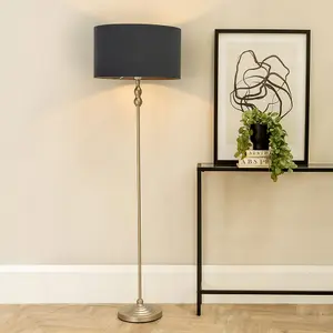 ValueLights Maggie Brushed Chrome Candlestick Floor Lamp with Charcoal Shade with LED Bulb