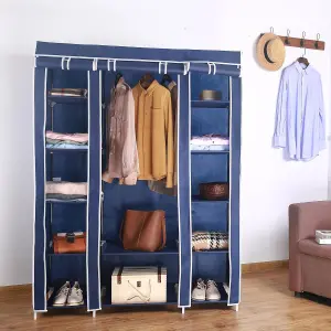 Fabric Canvas Wardrobe Organizers Clothes Rail Shelves Storage Closet Triple - Blue