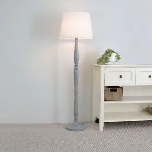 ValueLights Victoria Traditional Grey Wood Candlestick Floor Lamp with White Tapered Shade