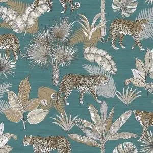 Grandeco Jungle Fever Leopard Teal Wallpaper JF2104