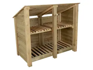 Wooden log store (roof sloping back) with kindling shelf W-146cm, H-126cm, D-88cm - natural (light green) finish