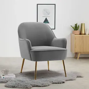 Grey Velvet Upholstered Armchair with Gold-Plated Feet for Living Room 80cm H