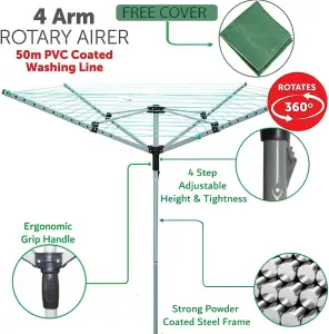 AAMEN Heavy Duty 4 Arm Outdoor  Steel 4 Arm Rotary airer, 50m